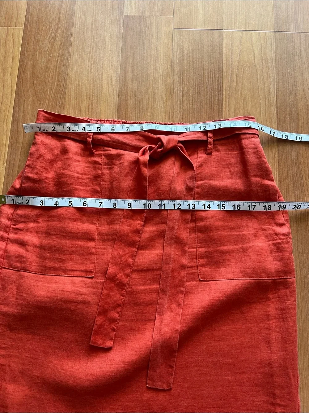 Catherine Malandrino Linen Midi Skirt Coral Tie Waist Pockets S Fits M - Picture 4 of 11